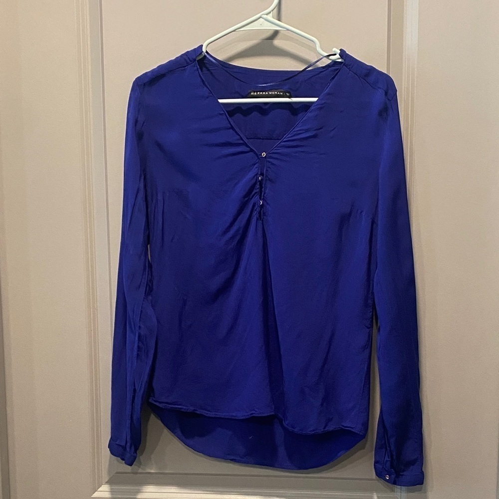 Zara Blue V Neck Blouse Long Sleeve Lightweight Work Office Top Size S